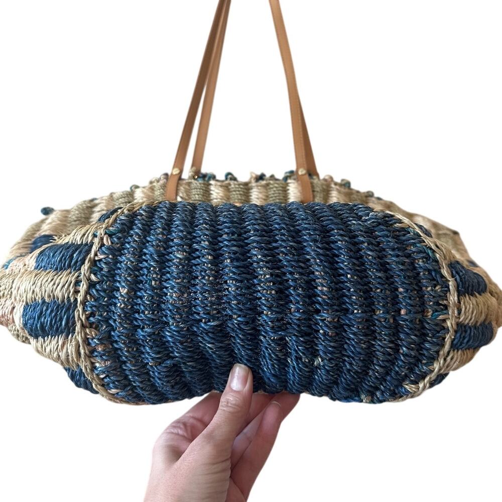 Tory Burch Ella Straw Tote Blue Striped Boho Beach Bag - Picture 6 of 10